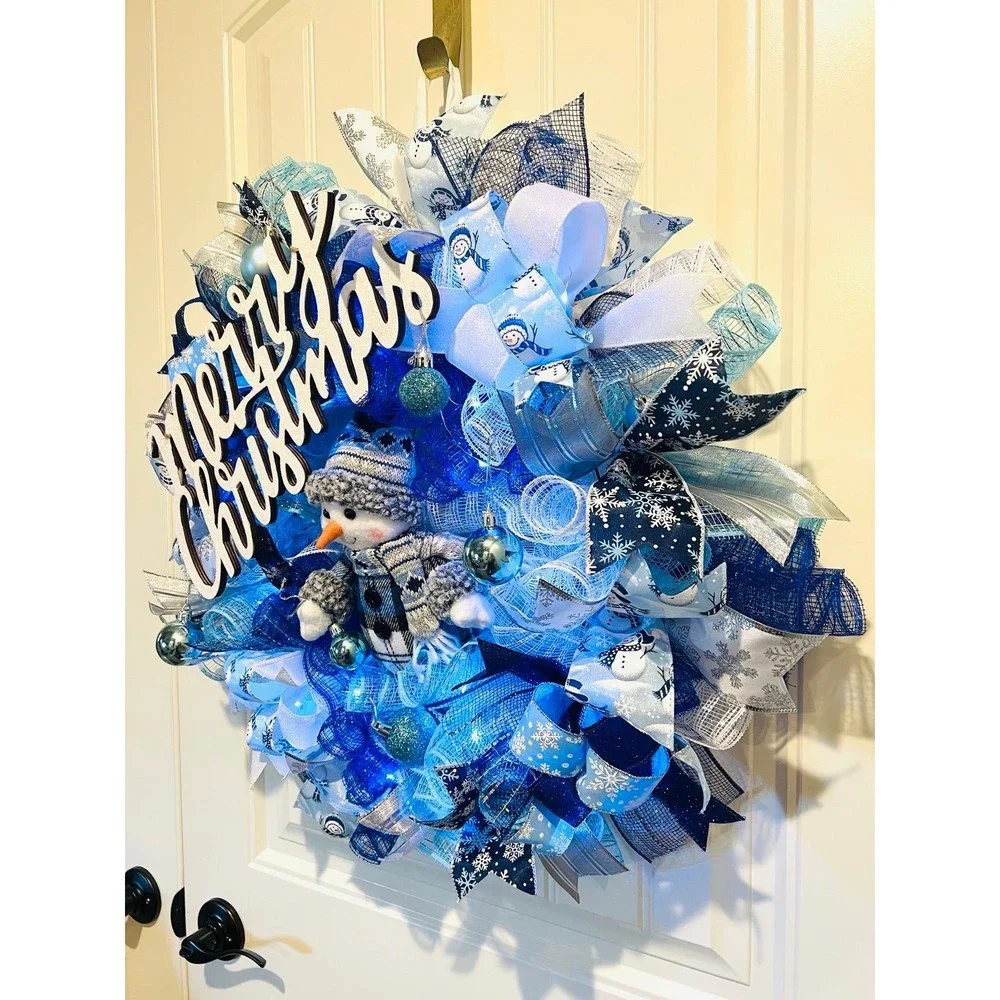 Blue Snowman Merry Christmas Ribbon Door Wreath Handmade 22 ins LED W23